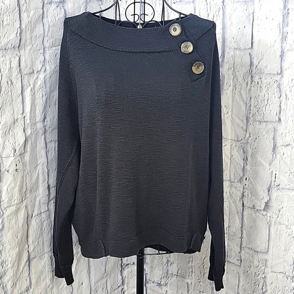 FREE PEOPLE‎ Don't Forget Me Knit Button Detail Off Shoulder Black Blouse Small - Picture 1 of 6